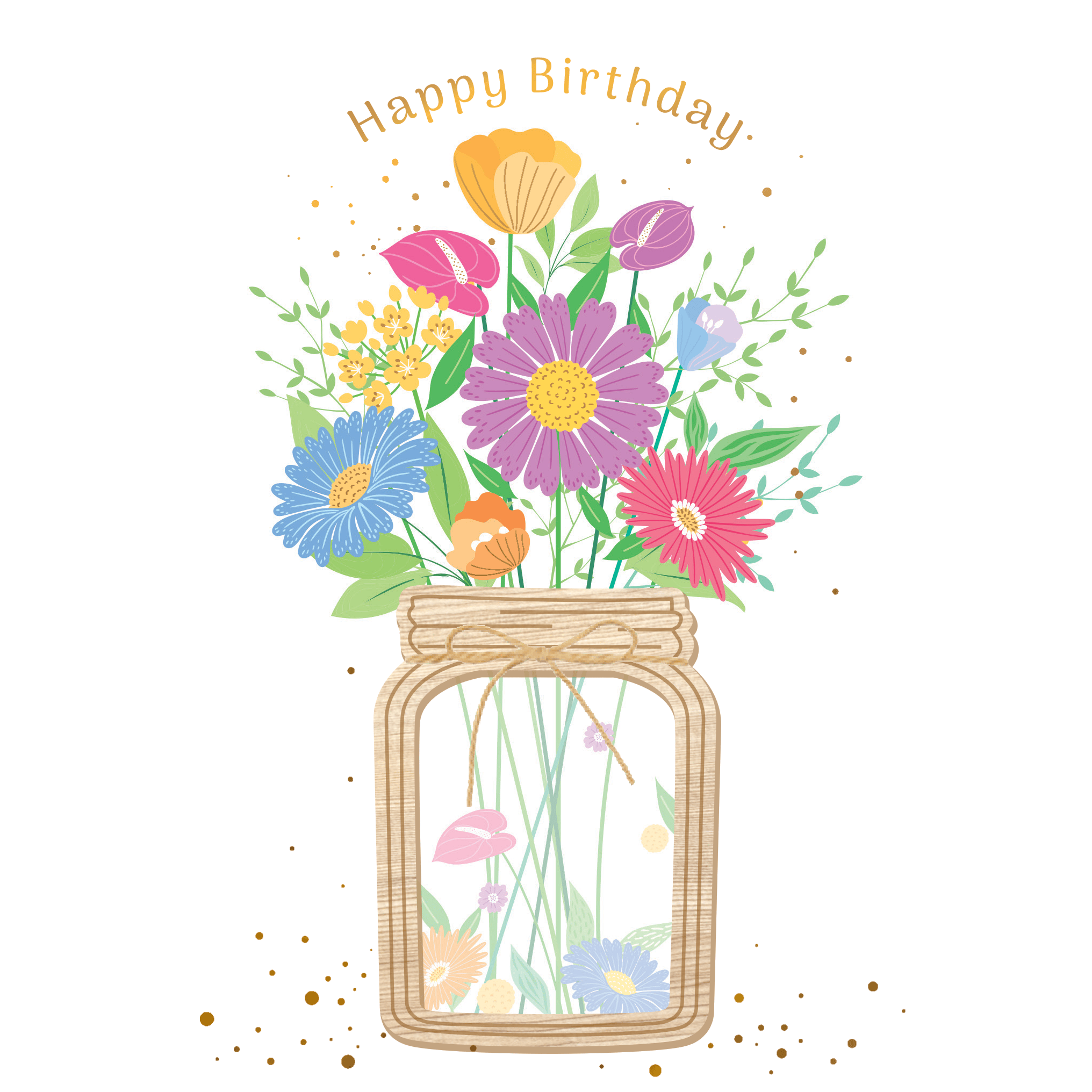 Floral jar birthday card with wood element from Cardmore, featuring colorful flower illustrations and a rustic design.